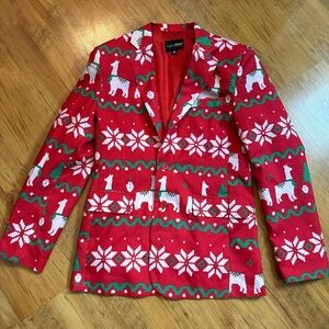 Red Holiday Blazer with Festive Patterns